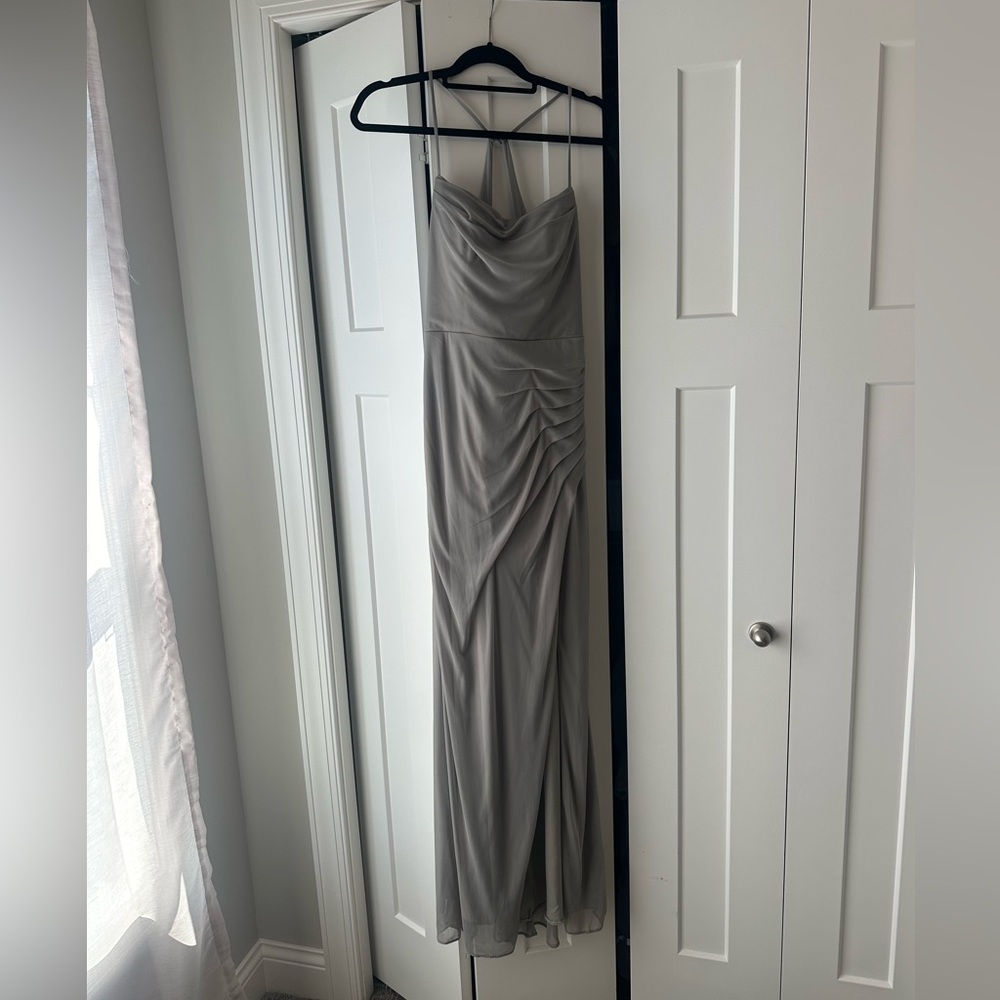 Azazie Kalea dress, color Silver. Size 8, worn once. Floor length.
